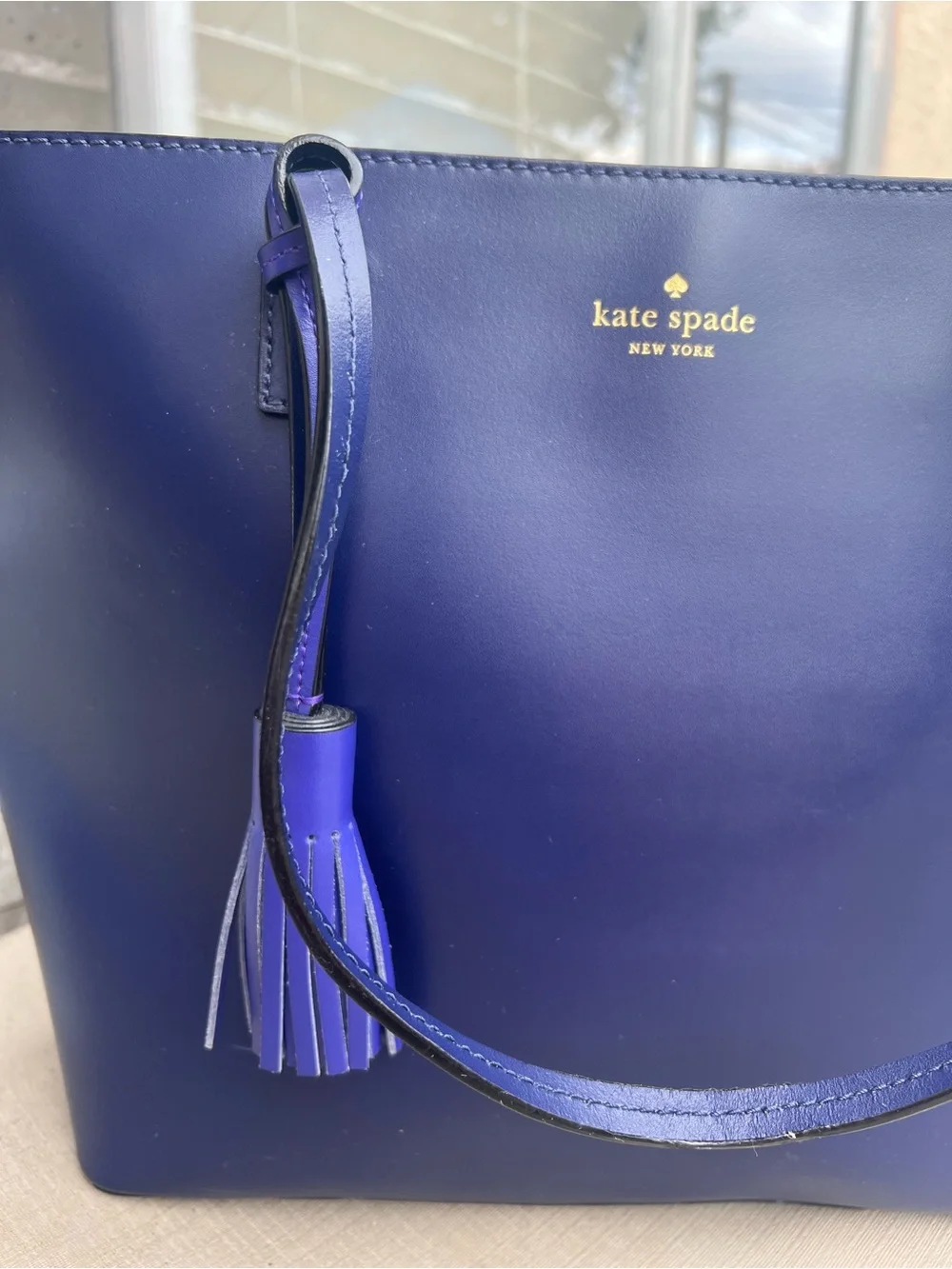 kate spade Navy Leather Tote with Tassel Accent